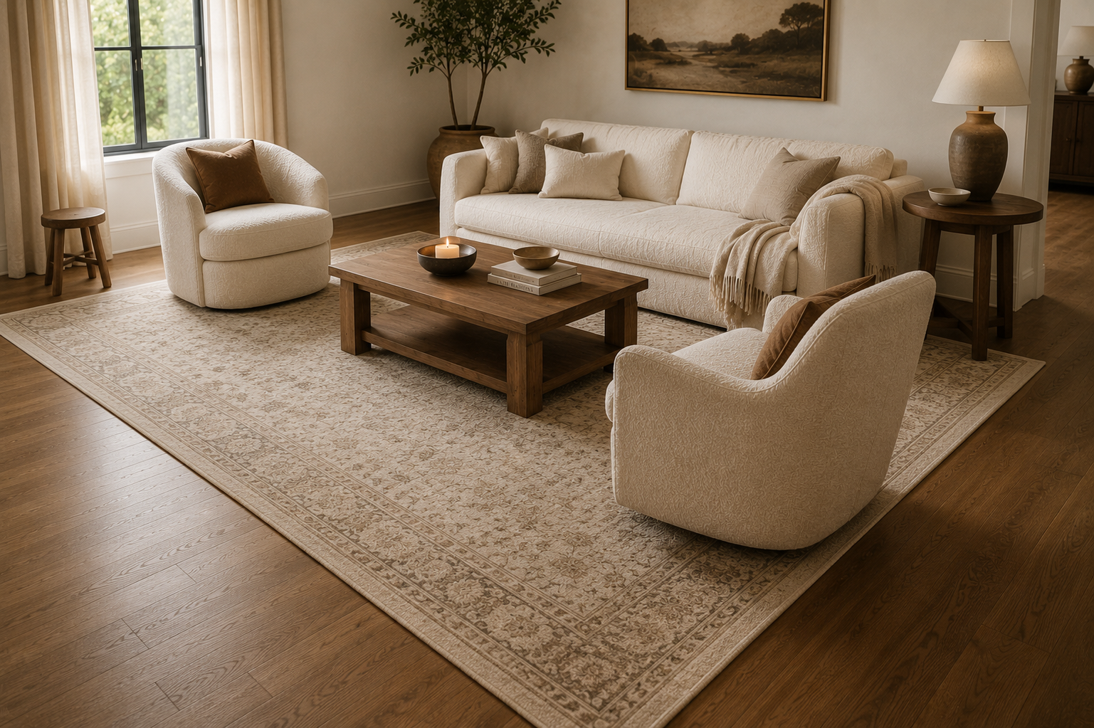 Neutral rug extending beneath the seating area of a cream and beige living room.