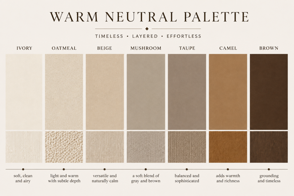 Warm neutral palette of ivory, oatmeal, beige, mushroom, taupe, camel and brown