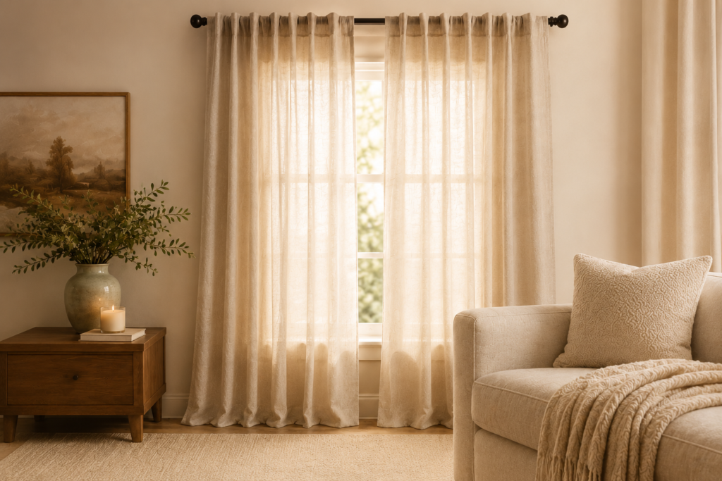 Full-length oatmeal curtains framing a window in a warm neutral living room.