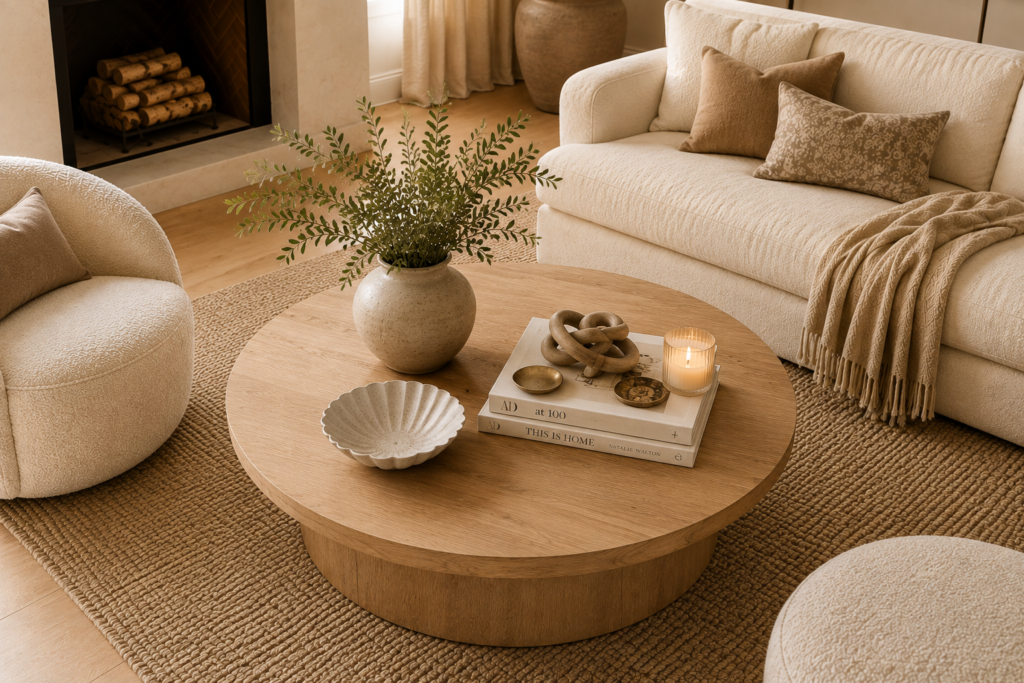 Neutral living room with a rounded wood coffee table, textured upholstery and sculptural decor.