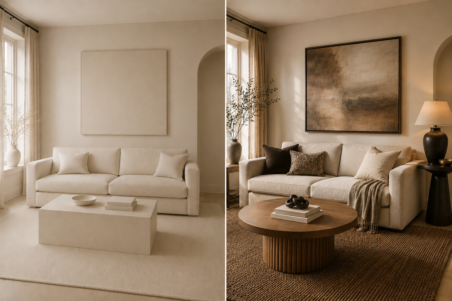 Side-by-side comparison of a flat beige room and a layered neutral room with wood, texture and contrast.