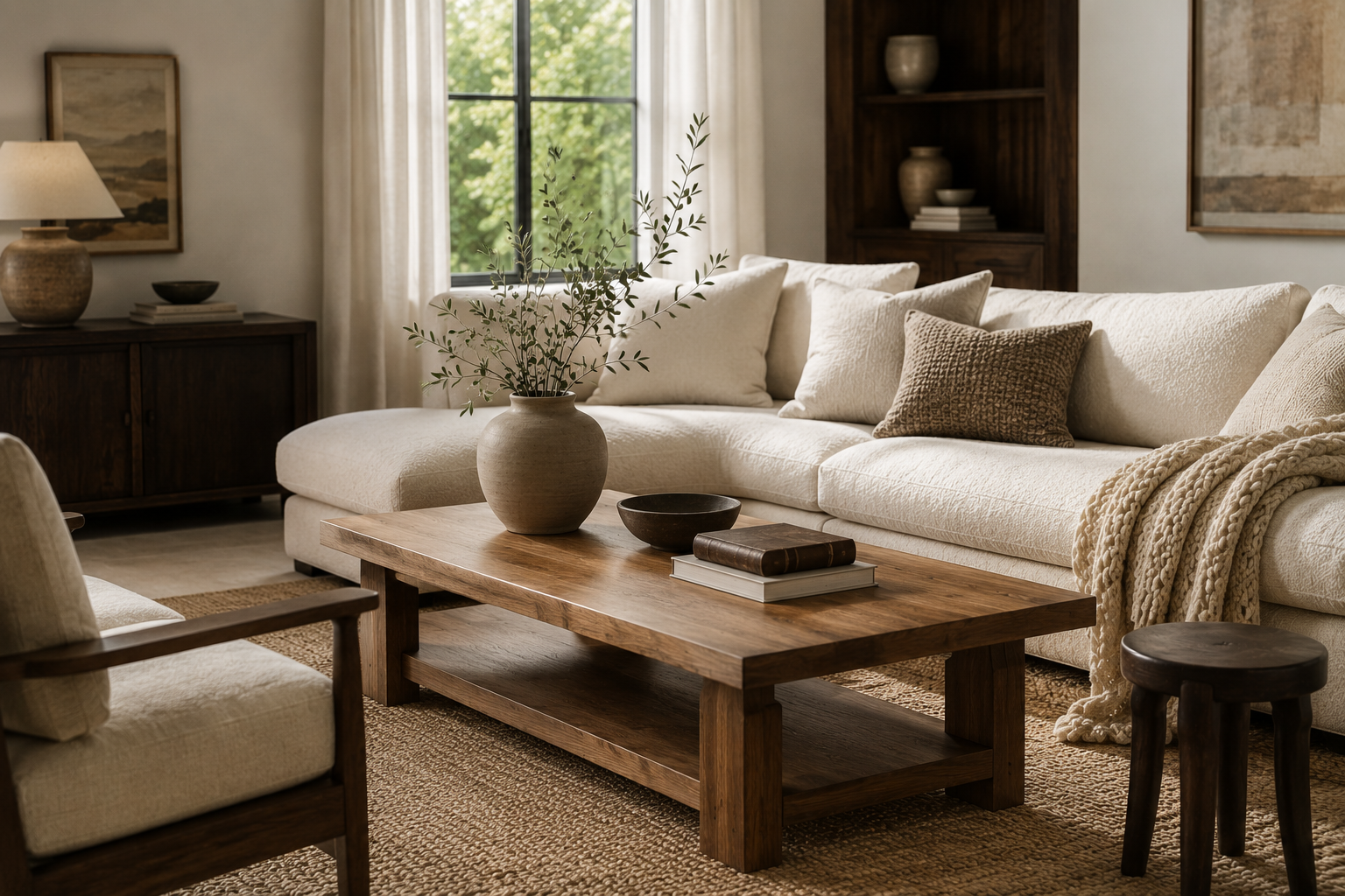 Cream living room with a medium-tone wood coffee table and layered neutral textiles.