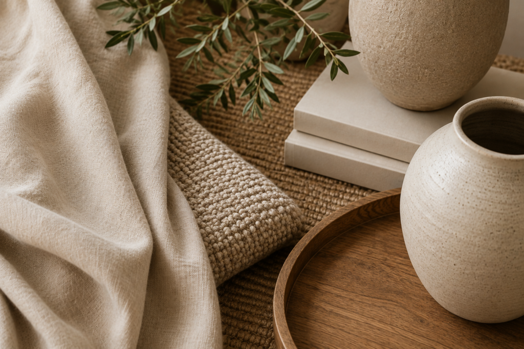 Layered living room materials including linen, woven fabric, warm wood and ceramic.