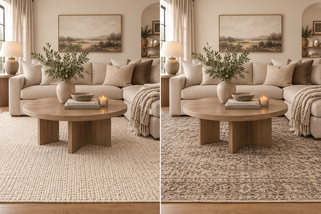 Beige sofa paired with a textured ivory rug and a deeper taupe patterned rug