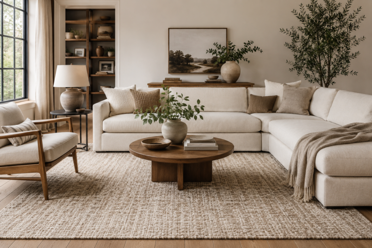 Warm neutral living room with a textured area rug, cream sofa and wood furniture.