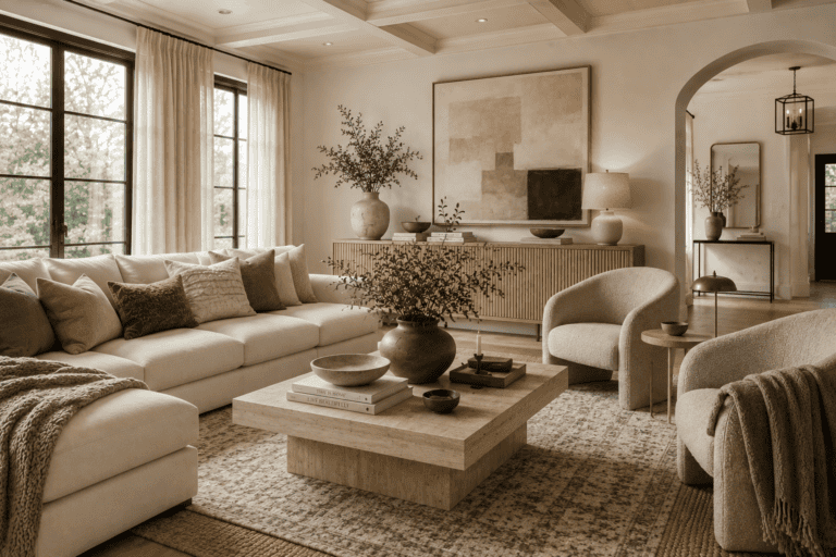 Warm neutral living room with layered cream, taupe and natural wood decor