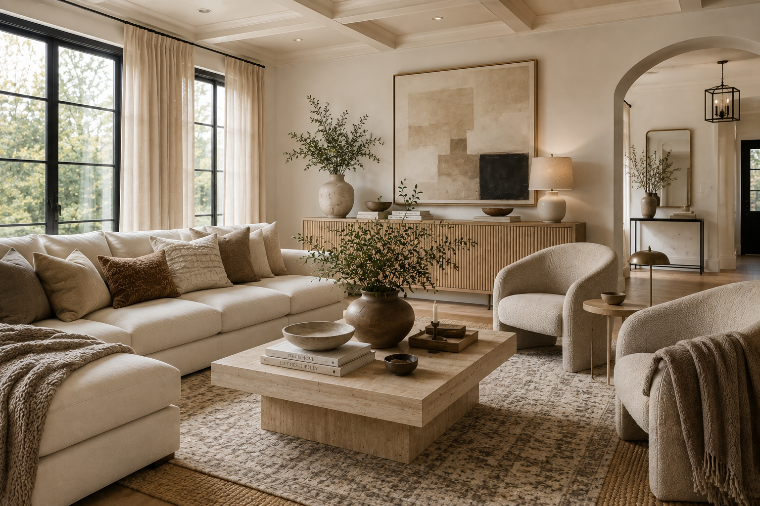 Warm neutral living room with layered cream, taupe and natural wood decor