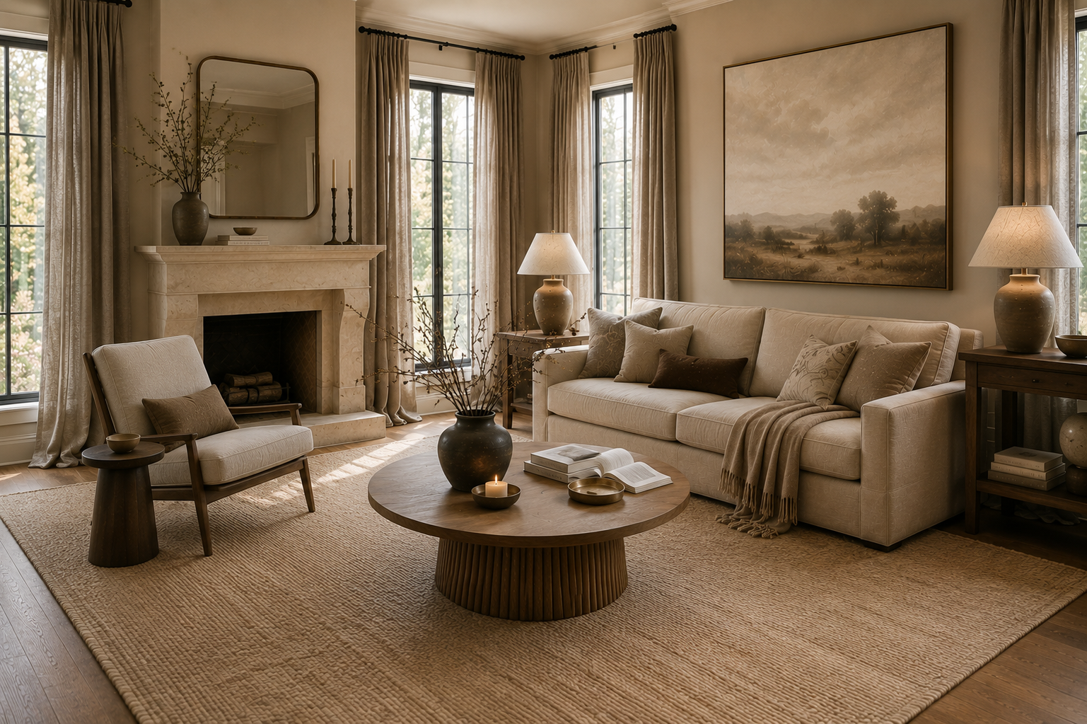 Neutral living room with a large area rug, full curtains, warm wood furniture and oversized wall art.