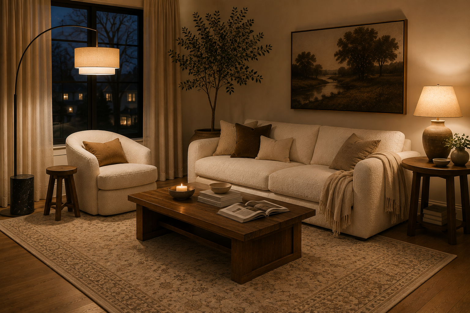 Warm neutral living room lit by a floor lamp and table lamp in the evening.