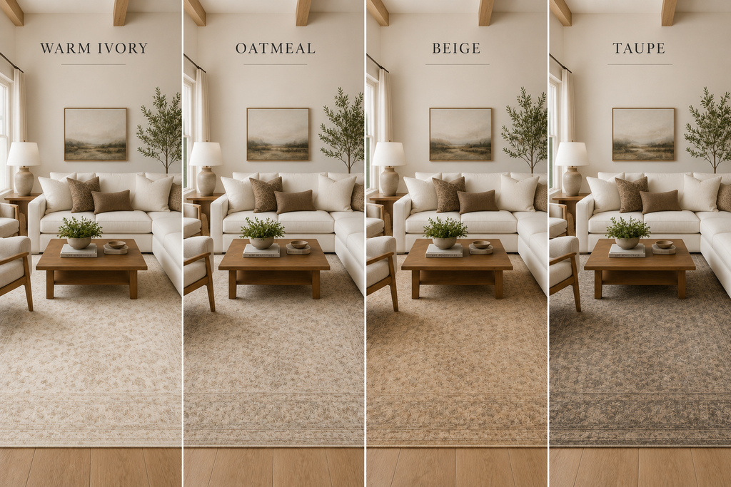 Warm ivory, oatmeal, beige and taupe rugs compared with cream furniture and warm wood
