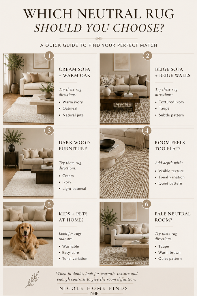 Neutral rug decision guide for cream sofas, beige sofas, warm wood floors and busy living rooms