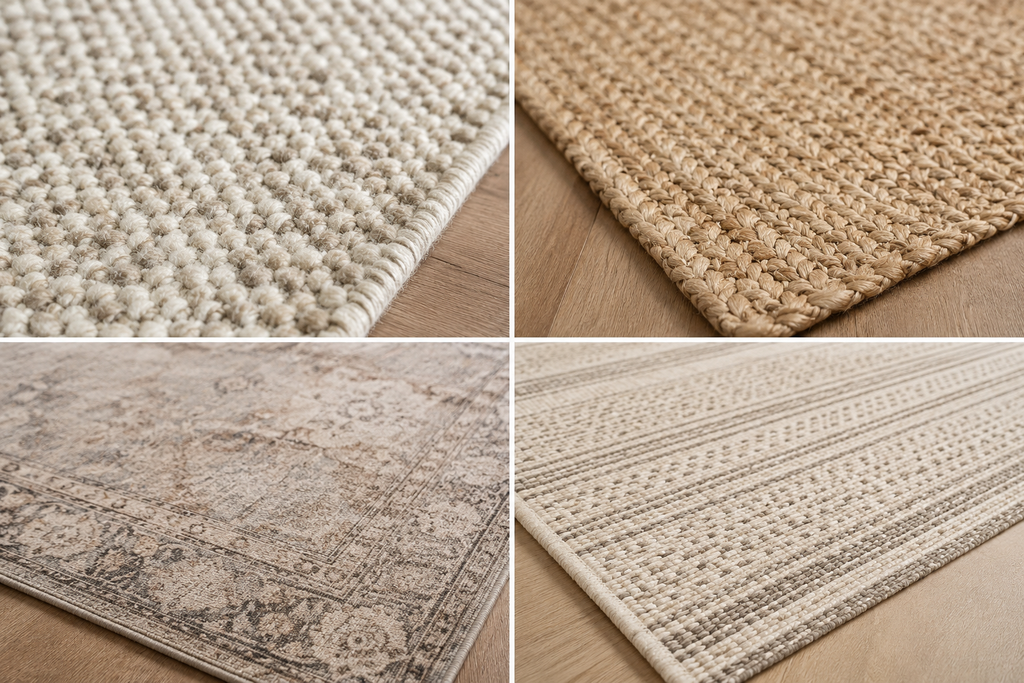 Close-up comparison of neutral wool, braided jute, patterned low-pile and washable rugs