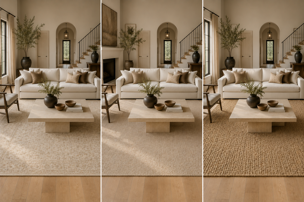 Warm ivory, oatmeal and natural jute rugs paired with oak flooring and a cream sofa