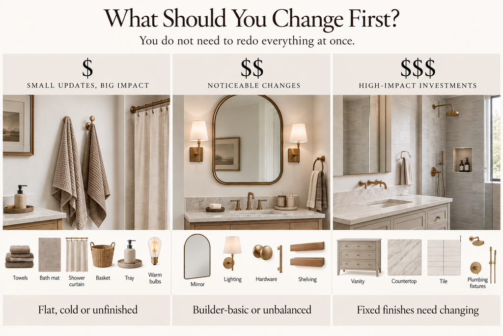 Bathroom upgrade priority guide showing what to change first at three budget levels