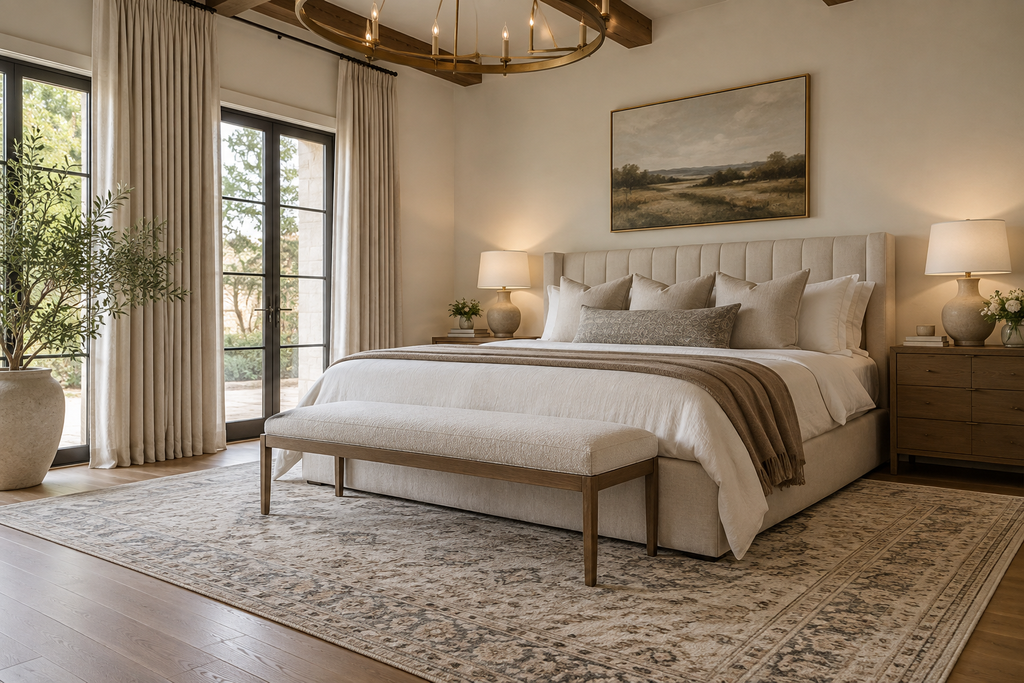 Warm neutral bedroom with a large patterned area rug extending beyond the bed to anchor the space.