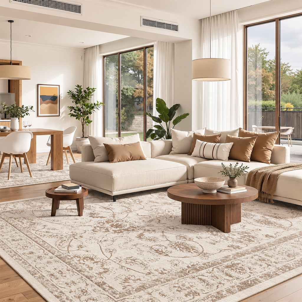 Brown and ivory patterned area rug in a cream living room
