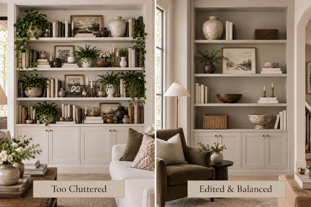 Too cluttered vs edited and balanced built-in shelves showing how to style shelves with more breathing room