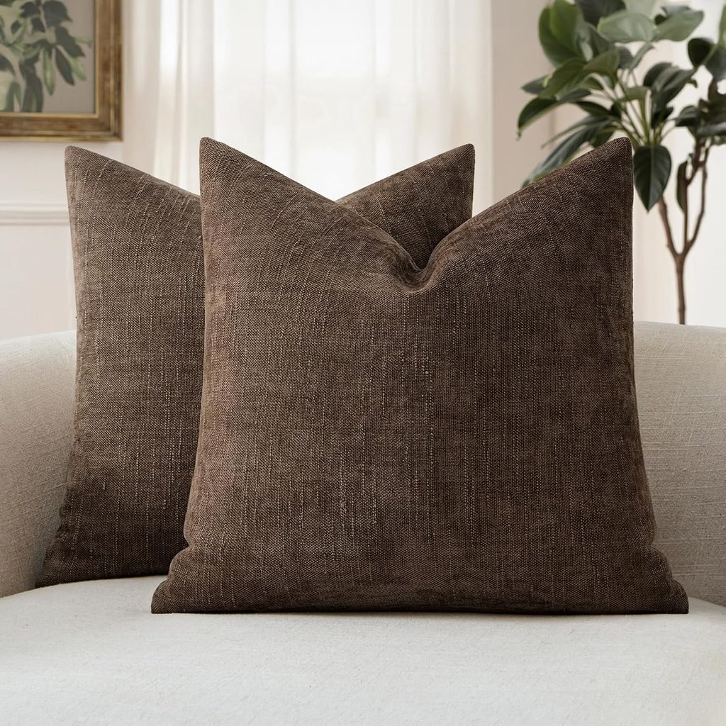 Chocolate brown textured pillow cover for a neutral living room