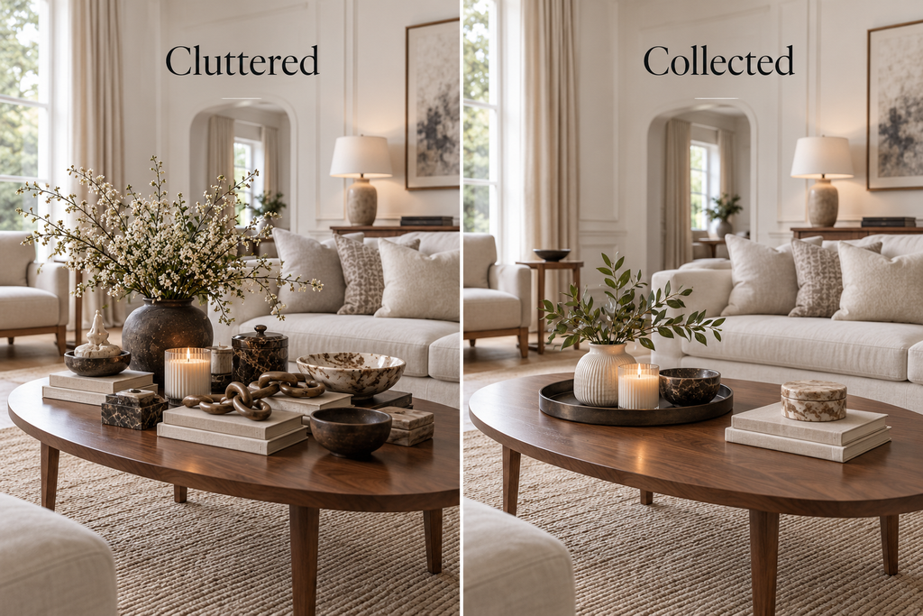Cluttered vs collected coffee table styling showing how fewer decor pieces create a balanced look with more usable surface space