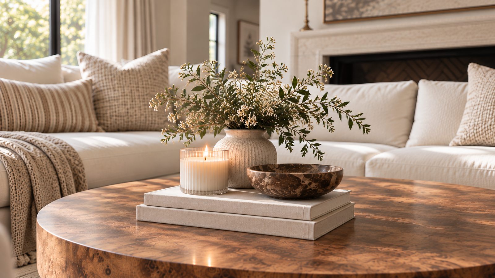 Coffee table decor ideas with a candle, decorative bowl, neutral books and airy greenery on a burl wood table