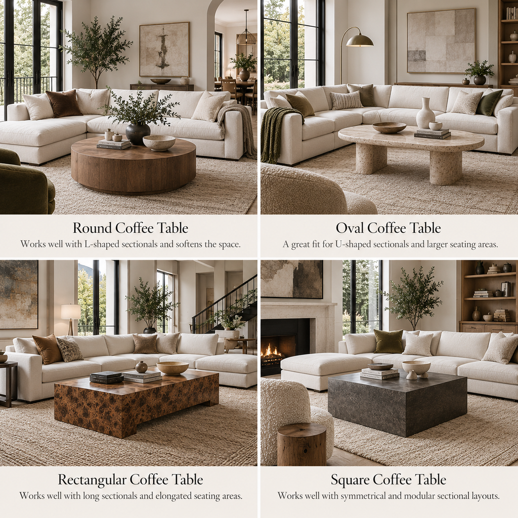 Round, oval, rectangular and square coffee tables paired with different sectional sofa configurations