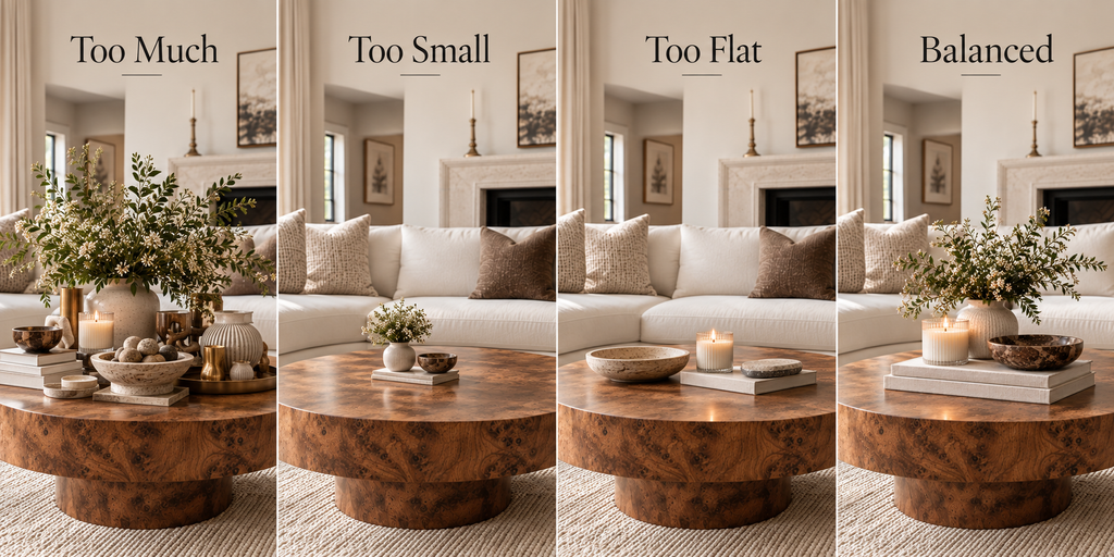 Coffee table styling comparison showing too much decor, too-small accessories, flat styling and a balanced arrangement