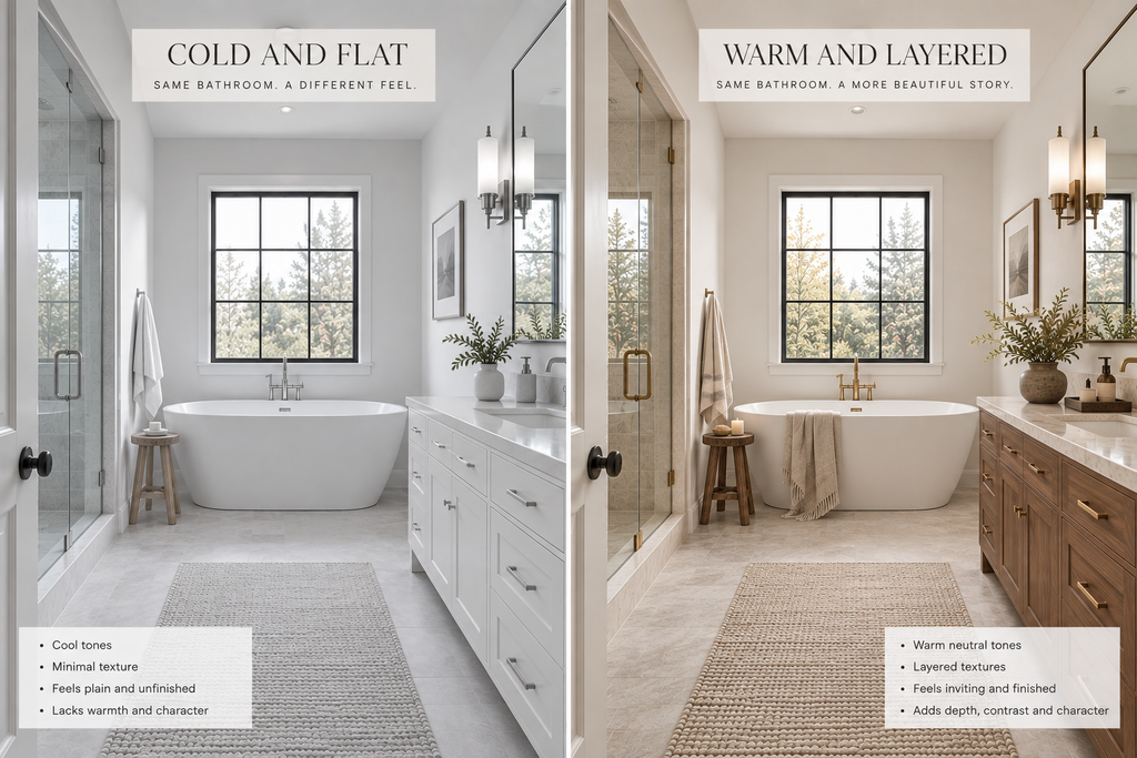 Side-by-side comparison of a cold, flat neutral bathroom and the same bathroom styled with warm, layered finishes