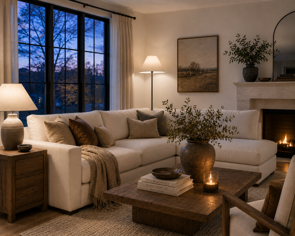 Neutral living room at dusk with a table lamp, floor lamp, candlelight and a softly lit fireplace
