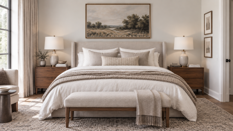 Cozy neutral Cozy neutral bedroom ideas with layered bedding, warm wood and soft neutral textures.