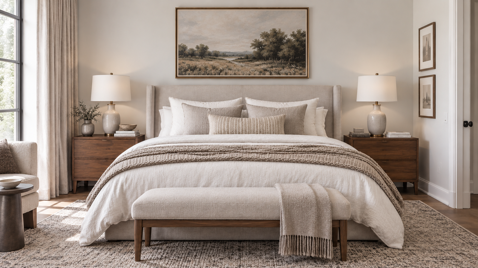 Cozy neutral Cozy neutral bedroom ideas with layered bedding, warm wood and soft neutral textures.
