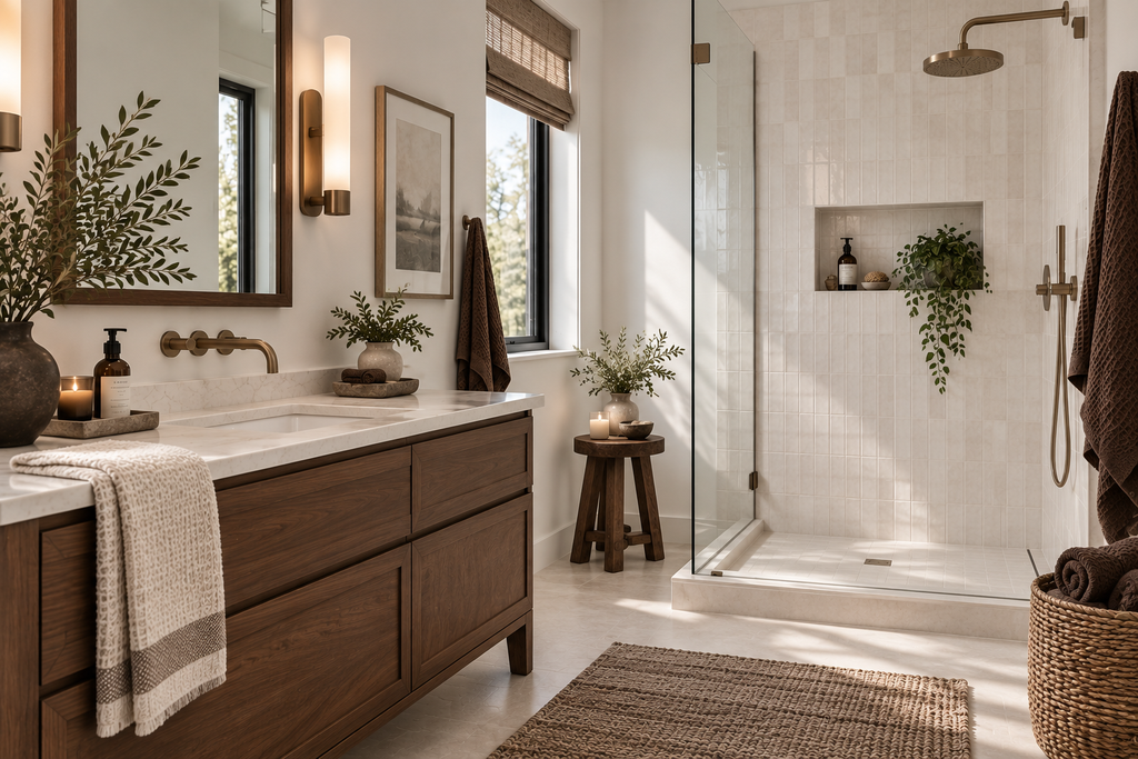 Cream bathroom with walnut vanity and chocolate brown accents in natural daylight