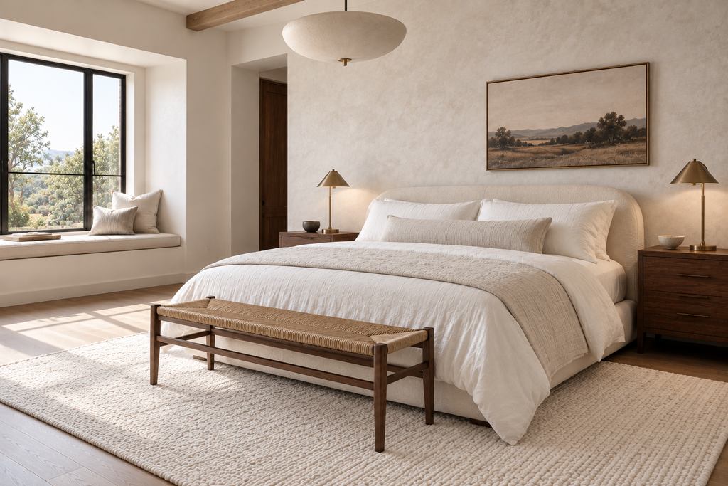 Cream and ivory bedroom with walnut nightstands and woven wood bench adding warm contrast