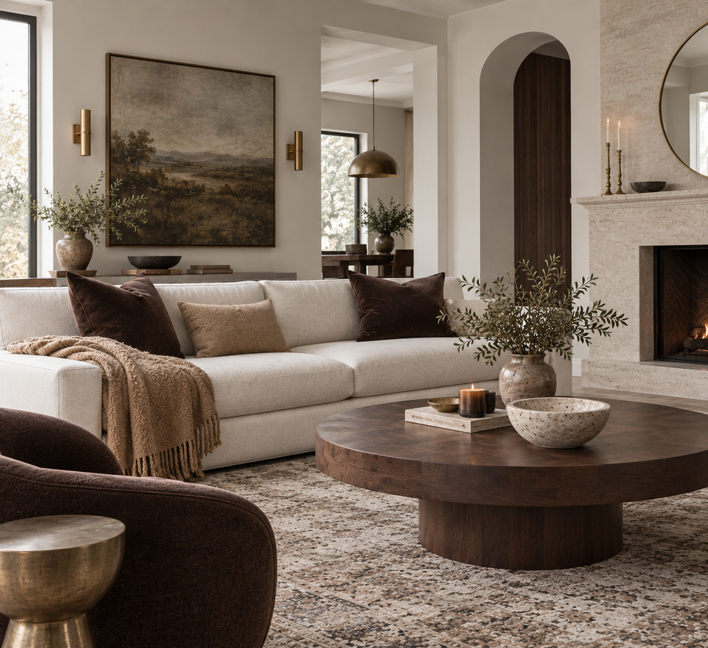 Cream sofa with chocolate brown, camel, walnut and aged brass accents in a sophisticated warm living room