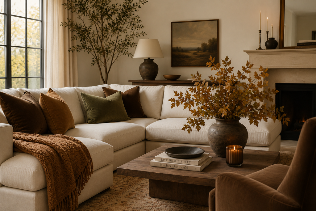 Cream living room with chocolate brown, camel and muted olive fall accents