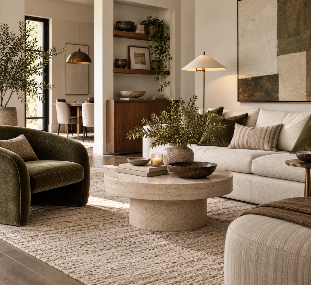 Cream sofa with muted olive, chocolate brown, walnut and aged brass in a warm living room