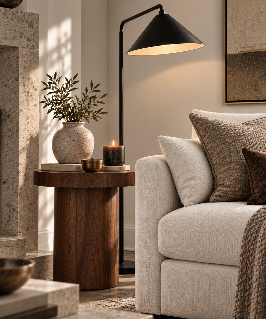 Cream sofa beside a soft black floor lamp, rich walnut side table and warm natural stone