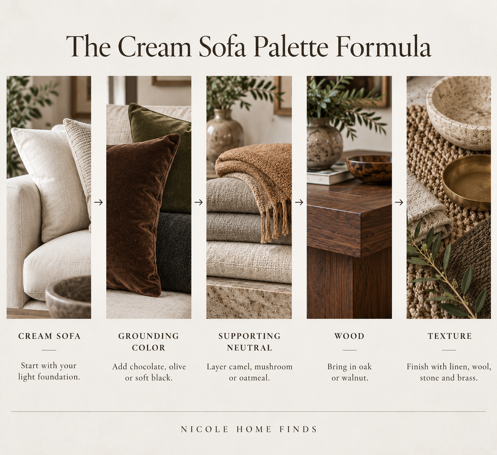 Cream sofa palette formula using chocolate brown, camel, walnut, muted olive and layered natural materials