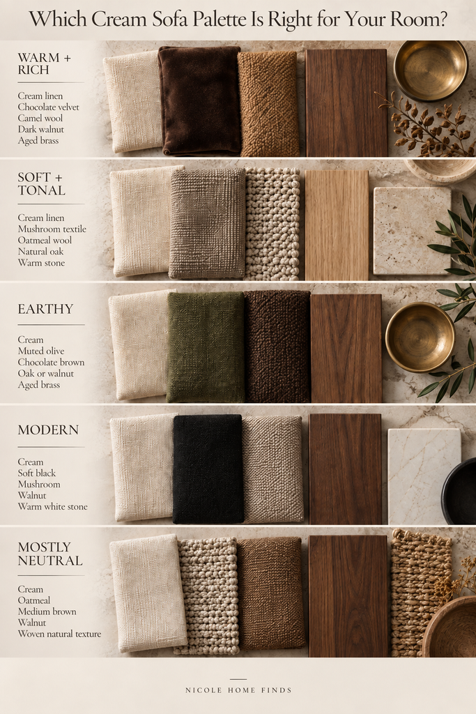 Cream sofa palette guide with warm, tonal, earthy, modern and neutral color combinations