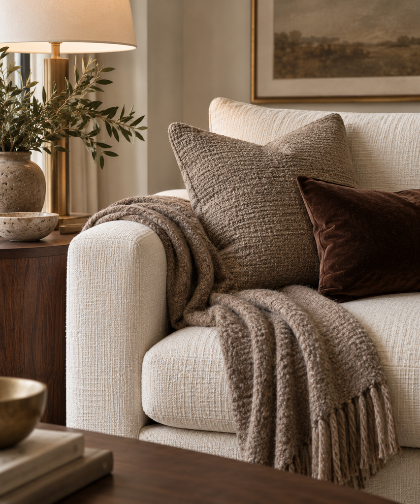 Cream sofa layered with mushroom, taupe, chocolate, walnut and aged brass textures