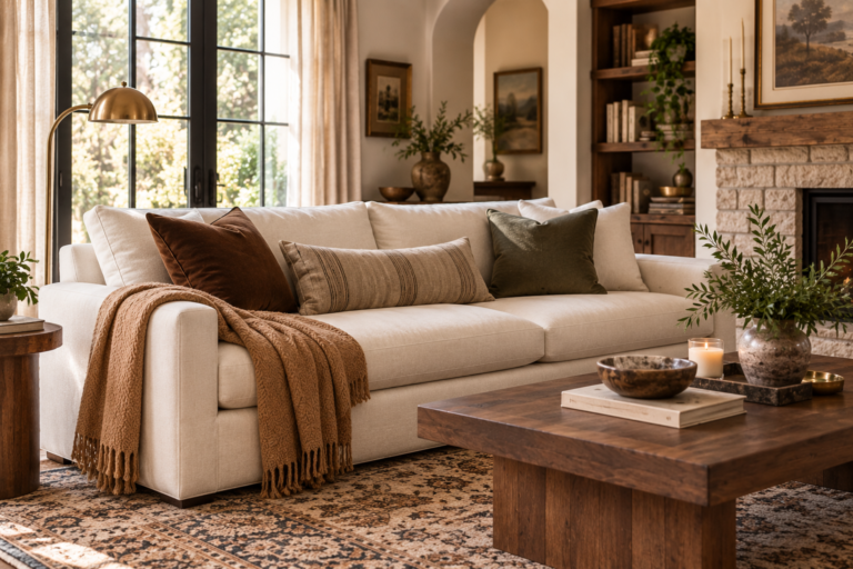 What colors go with a cream sofa with chocolate brown, camel, olive and walnut accents