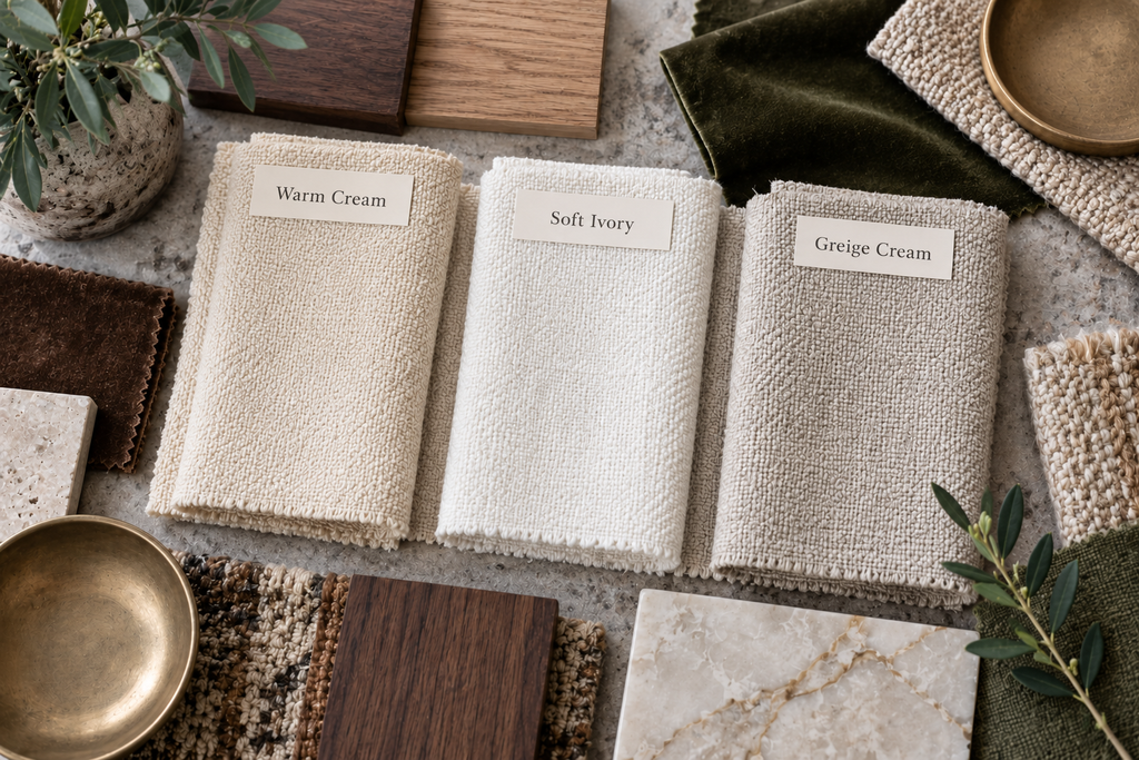 Warm cream, soft ivory and greige cream upholstery compared with wood, stone and warm interior materials