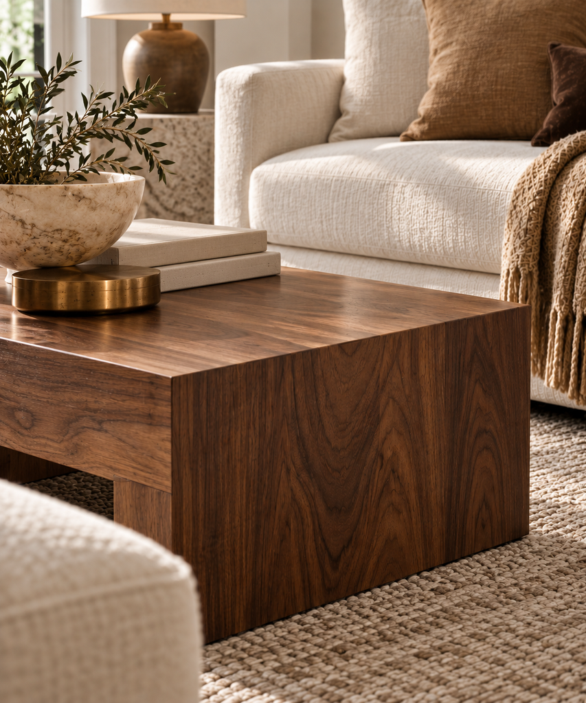 Walnut coffee table with cream upholstery, oatmeal wool, warm stone and aged brass details