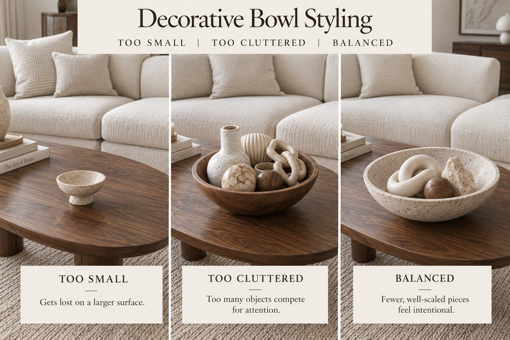 Decorative bowl styling comparison showing a bowl that is too small, too cluttered, and balanced on a walnut coffee table.