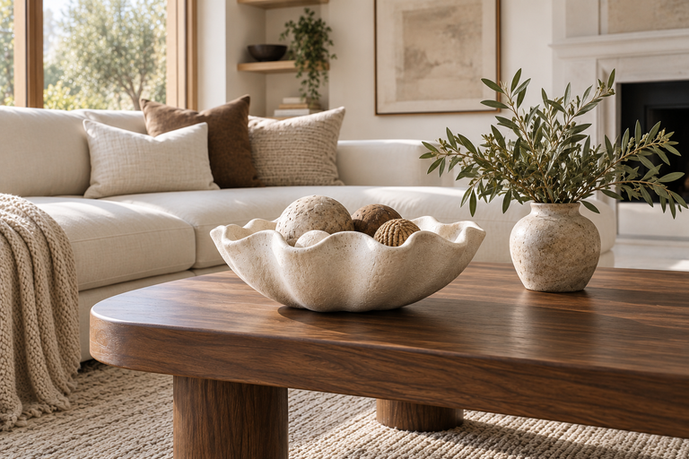 How to style decorative bowls in a warm neutral living room.