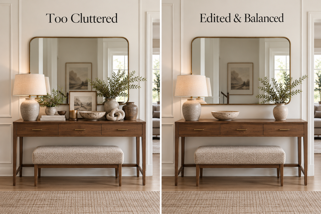 Same entryway console styled too cluttered versus edited and balanced with fewer, better-scaled decorative objects