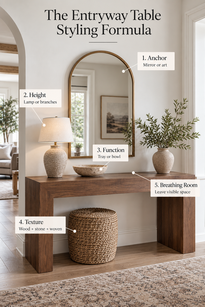 Entryway table styling formula showing anchor, height, function, texture, and breathing room on a warm walnut console