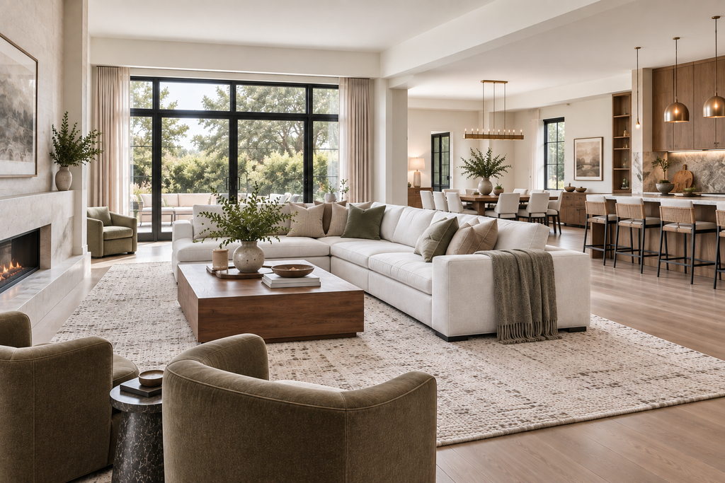 Open-concept living room with a floating cream sectional defining the seating area