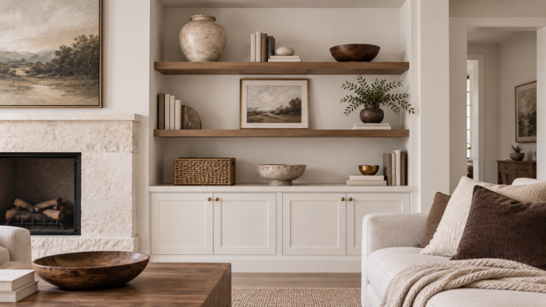 Warm neutral living room showing how to style built-in shelves without making them look cluttered