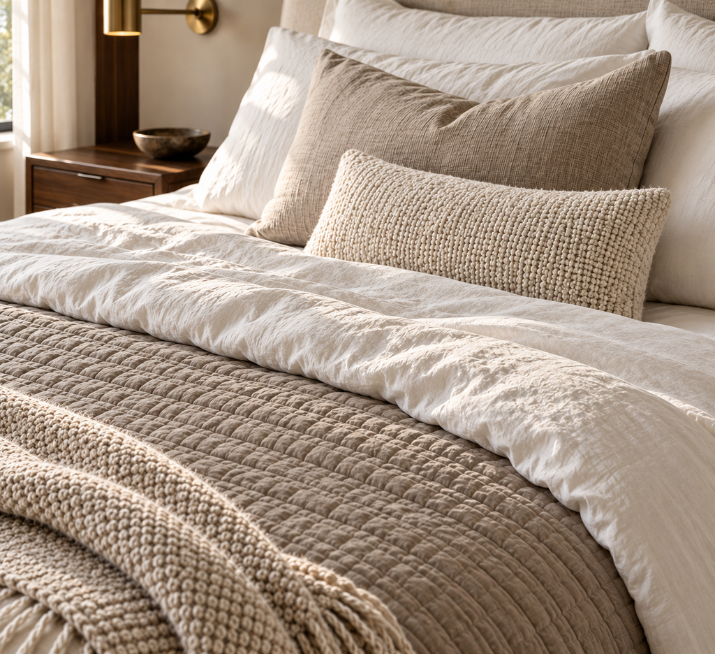 Layered neutral bedding with an ivory duvet, mushroom quilt and textured oatmeal throw