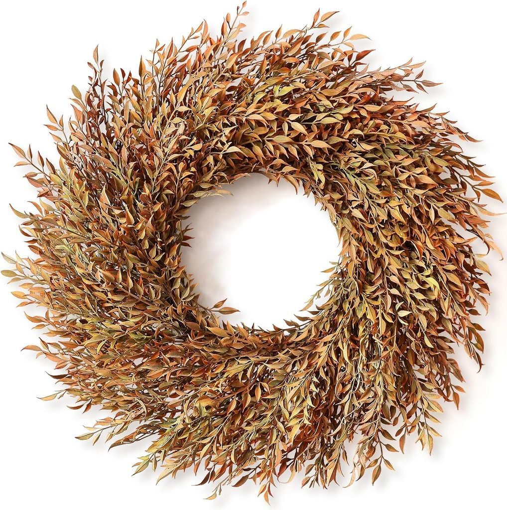 Natural fall wreath with warm brown, rust and muted olive leaves